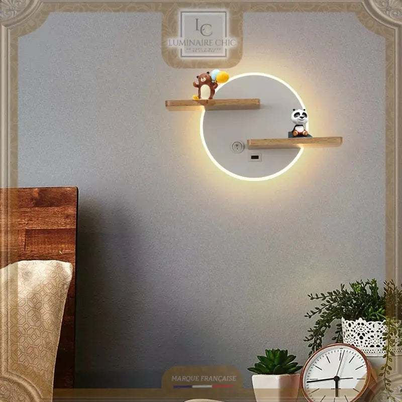 Applique murale ronde en bois et aluminium avec interrupteur et port USB